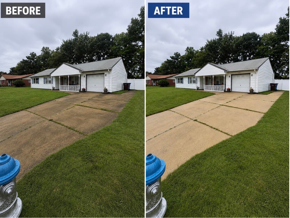 Before-and-after driveway cleaning at a single-story home