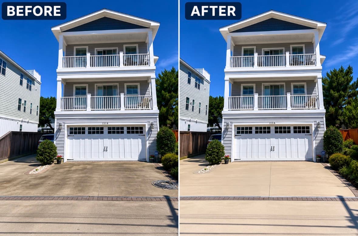 Before-and-after exterior cleaning at a coastal home