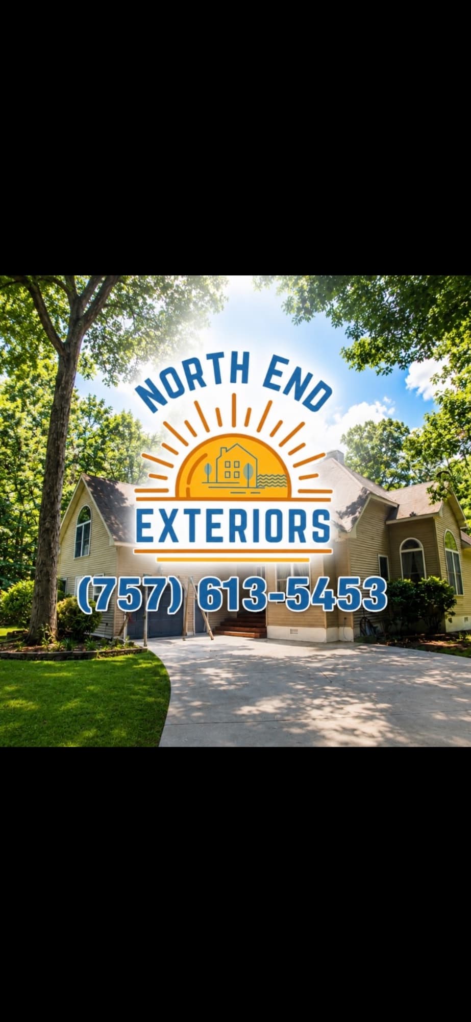North End Exteriors logo and phone number over a light-colored house and concrete driveway beneath trees
